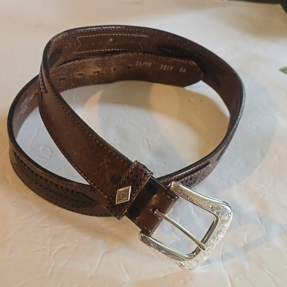 Mens Brown Premium Woven Leather Western Belt With Silver Buckle Sz.L/XL